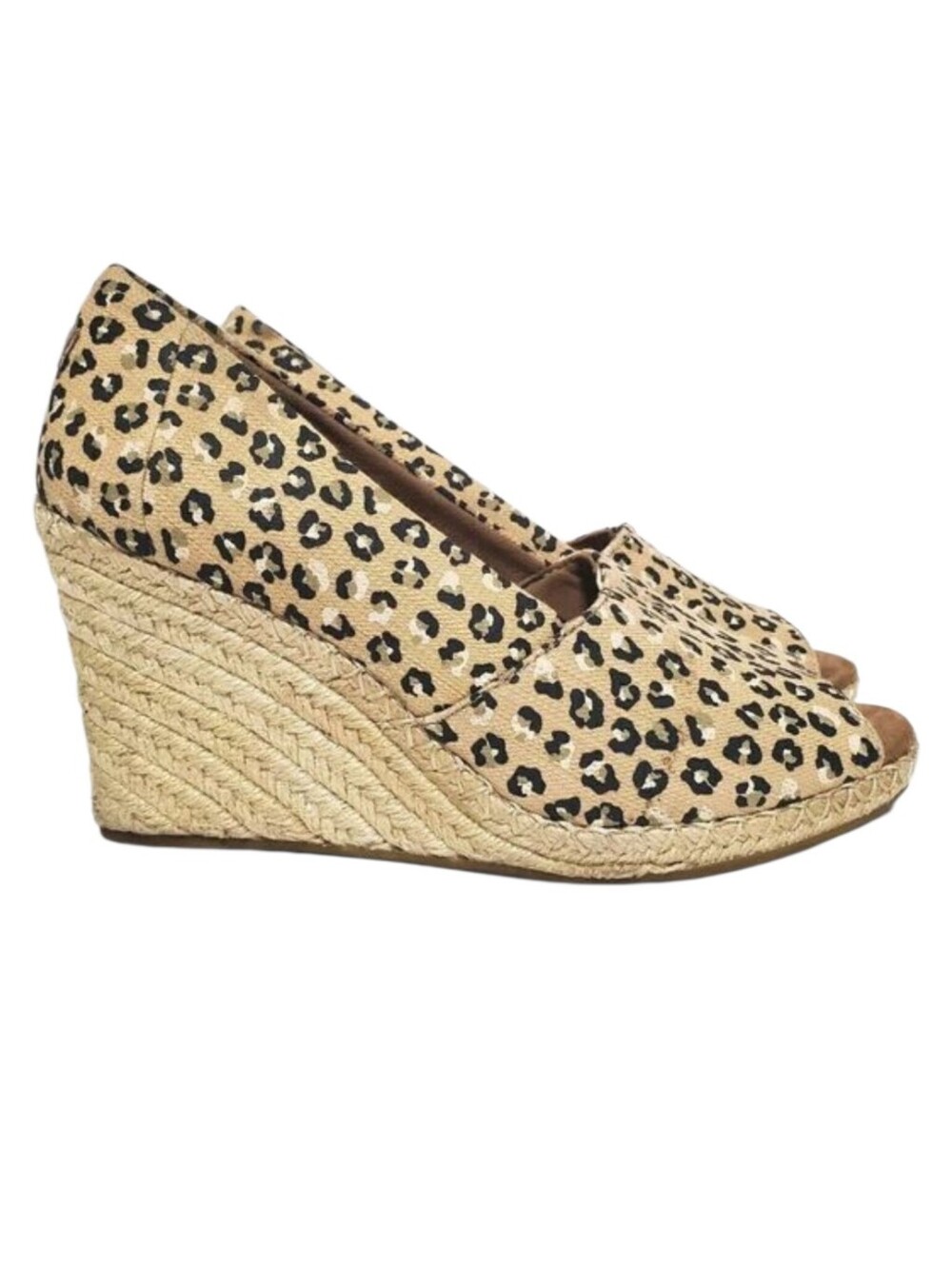 TOMS Michelle Cheetah Peep Toe Espadrille Wedges Size 9.5 Slip On Sandals Womens
